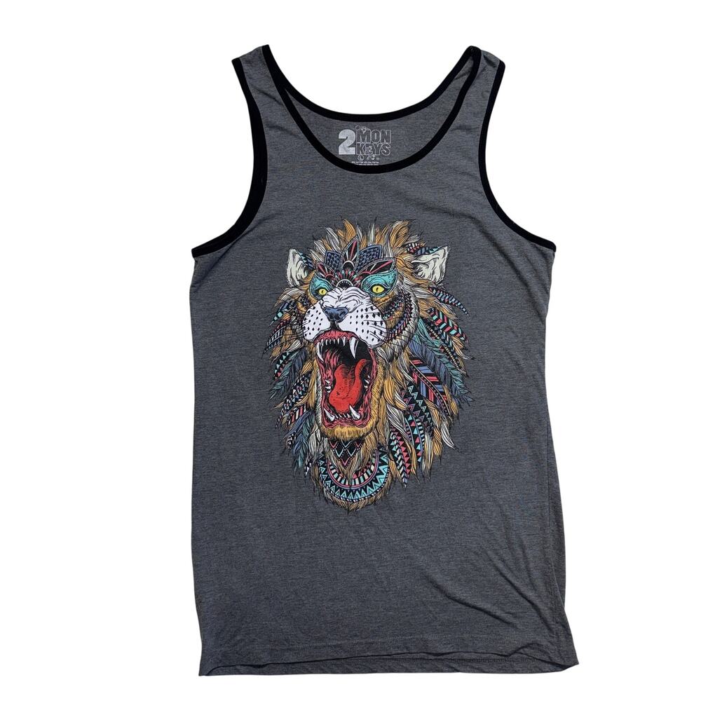 2 Monkeys Tank Top Large Gray Mens Tribal Lion Sleeveless Graphic Aztec Summer